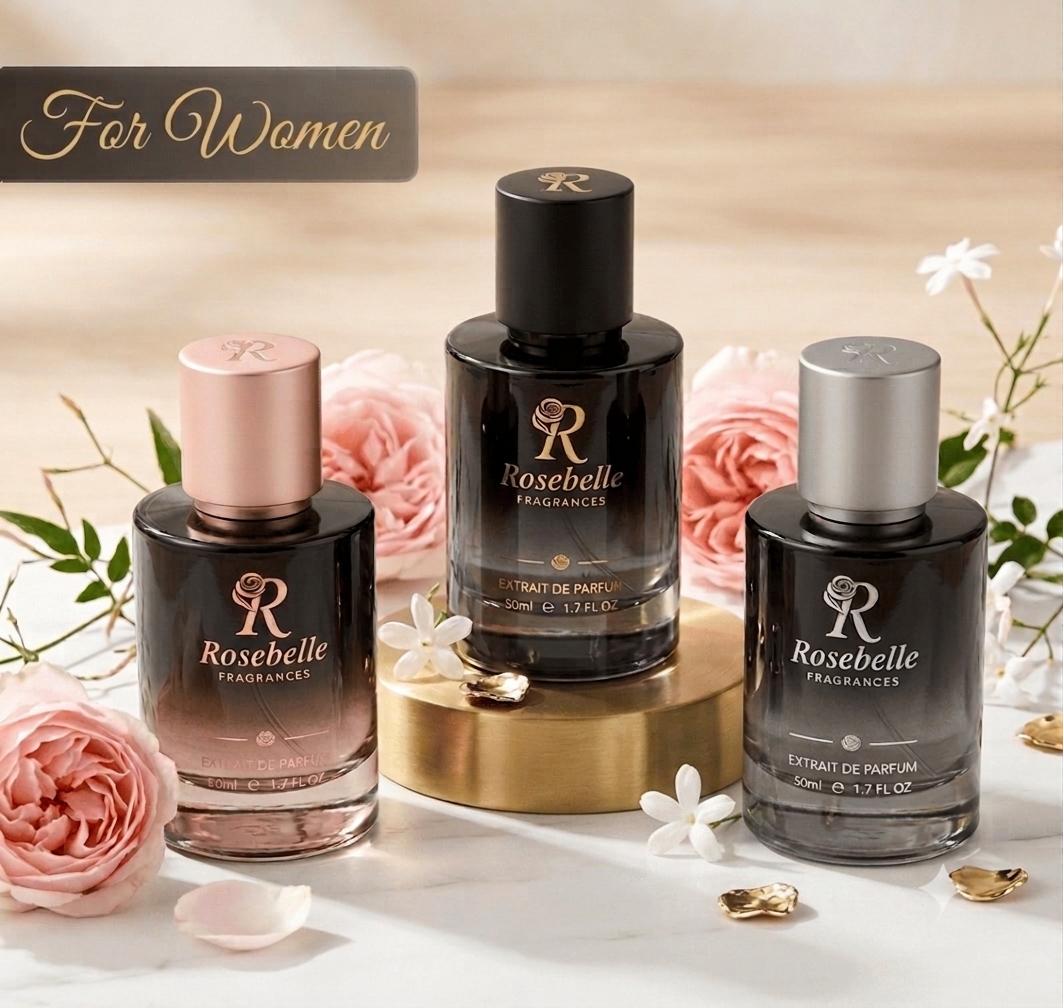Three Rosebelle Fragrances perfume bottles displayed on a white surface with pink roses and gold accents. A dark banner at the top reads 'For Women'.